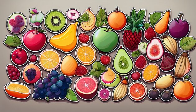 Fresh fruit sticker icons, neat arrangement, colorful set on light background, simple style.