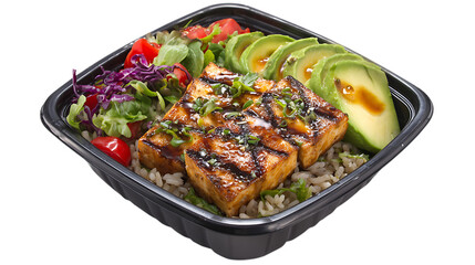 Grilled tofu bowl with avocado and salad isolated on transparent background