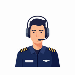 Illustration of a male pilot in a navy uniform wearing a communication headset, representing aviation professionalism and air travel services.