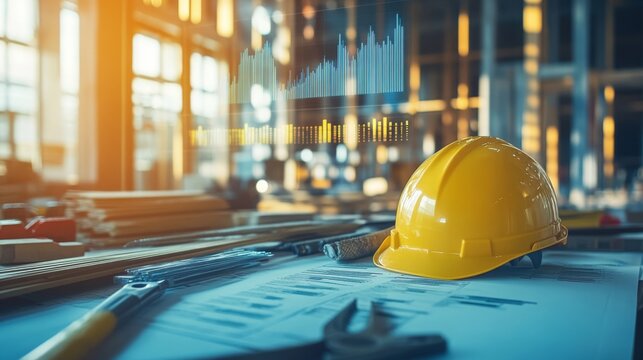 Construction workspace with tools and digital data visualization in a modern setting during daylight