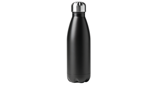 Black stainless steel water bottle isolated on transparent background for hydration