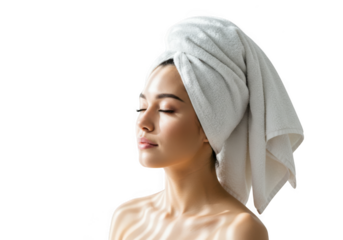Young woman with towel on head isolated on transparent background