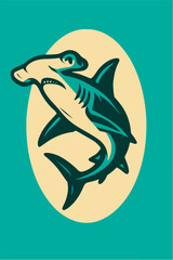 Obraz premium Hammerhead Shark in Oval — Retro Marine Wildlife Illustration, Teal–Mustard Vector