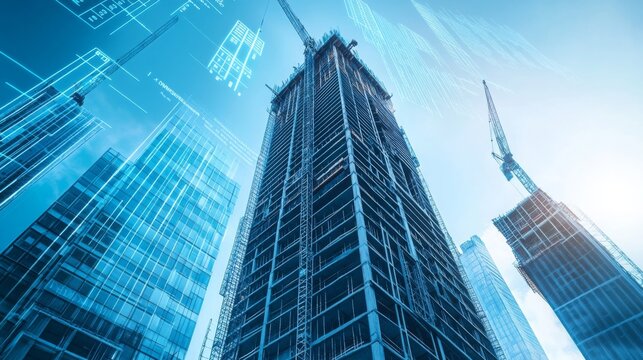 Modern construction site showcasing a skyscraper under development with cranes and digital blueprints in the background