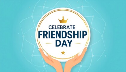 Hands holding a circular white badge with the text "CELEBRATE FRIENDSHIP DAY" in gold, surrounded by a gold-lined circle.  Light-blue background with a delicate geometric pattern