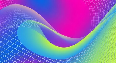 Vibrant Neon Gradient Wave with Wireframe Grid Overlay, Retro Futurism Abstract