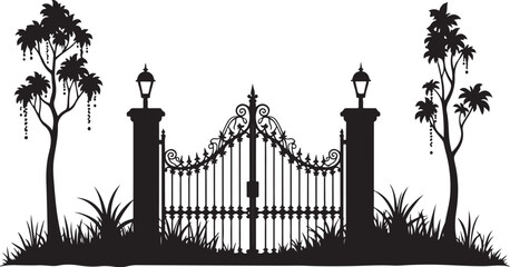 Black silhouette ornate gate lampposts trees and grass
