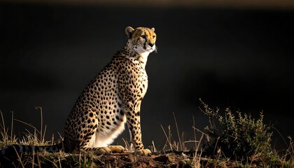 A cheetah sits alertly, backlit against a dark background,  grass at its feet