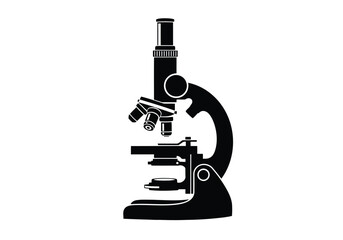 Vector illustration of black silhouette of a scientific microscope, a tool for detailed observation and research, isolated on a