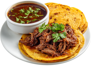 Delicious birria tacos with broth and tortillas isolated on transparent background
