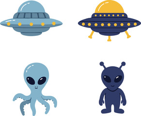 Cartoon alien characters with UFO spaceship illustration, extraterrestrial octopus alien design, sci-fi alien vector artwork, futuristic flying saucer icons for space exploration