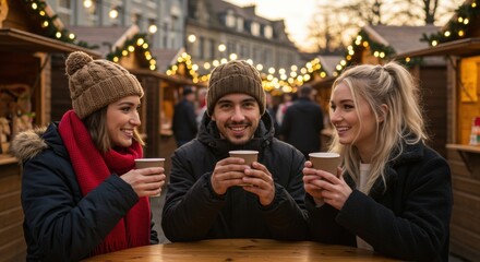 Winter celebration with friends christmas market festive atmosphere warm drinks joyful moments