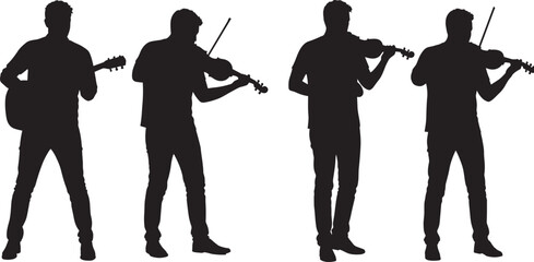 Musician silhouette illustration, guitar and violin poses, black vector art, string instrument player, musical performance design, standing figure artwork set