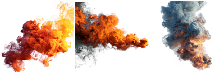 Dramatic plumes of colorful smoke and vapor illustrations set on a black background on transparent background