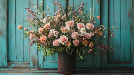 Elegant roses and wildflowers in a rustic vase against a textured turquoise background