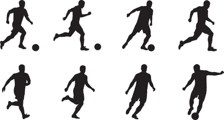 Soccer player silhouette set, football action poses, dribbling, kicking, running, sports movement, athlete icon collection, black vector illustration for design