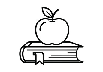 Vector illustration of simple line art icon of an apple resting on an open book with a bookmark