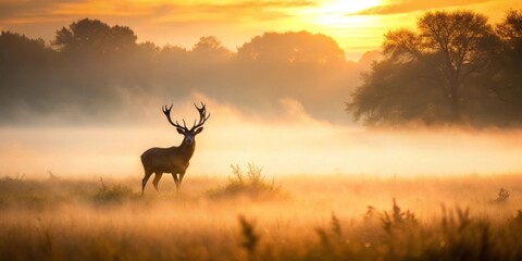 Obraz premium Majestic Stag silhouetted against a sunrise, golden mist shrouding a tranquil meadow landscape