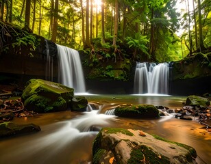 Serene forest waterfall cascading over moss-covered rocks into a tranquil pool