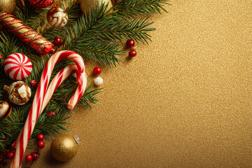 Gold Christmas New Year Gifts Candy Background (Flat Lay/Copy Space) - HD Realistic Banner for E-commerce, Holiday Cards
