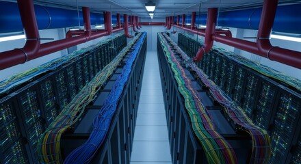 Inside a vibrant, modern data center with colorful cables and servers for cloud computing or digital infrastructure solutions in a secure environment