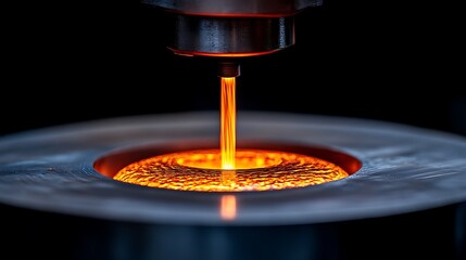 Molten metal stream pouring into a metal crucible. A high-tech industrial process