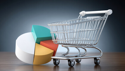Modern shopping concept with metal cart and colorful pie chart representing online shopping data insights and e commerce analysis