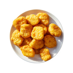Overhead view of chicken nuggets on a white plate isolated on transparent background