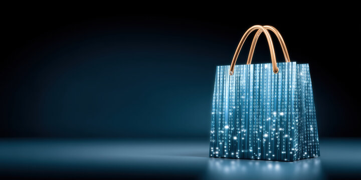 Digital shopping bag illuminated by glowing binary code and light particles suggesting online shopping innovation and secure transaction experience