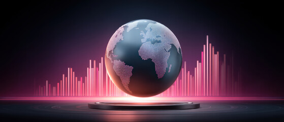 Digital globe with glowing data bars for online shopping insight and global commerce trends in neon light