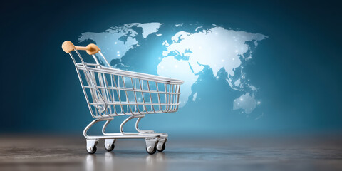 Online shopping concept with empty shopping cart in front of illuminated world map showcasing global e commerce and retail growth excitement