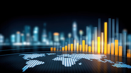 Digital world map with illuminated data bars for online shopping analytics and global market insight mood