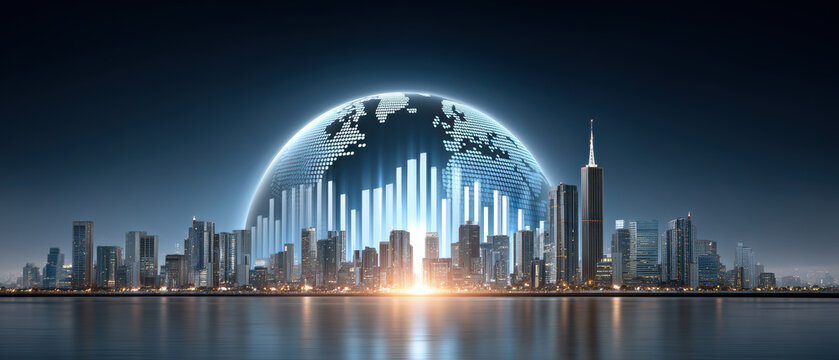 Digital city skyline with glowing globe and online shopping data bars evoking global commerce and modern urban network energy