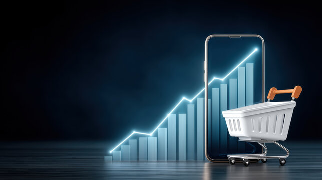 Online shopping growth chart rising mobile purchase trend with shopping cart and bar graph showing e commerce success and digital retail momentum