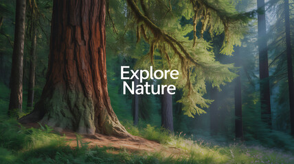 A serene forest scene with tall trees, moss-covered trunks, and sunlight filtering through the canopy, inviting exploration of nature.