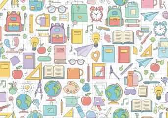 Obraz premium Vector illustration of a colorful and playful pattern of school supplies and educational items, perfect for a back to school theme