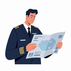 Male Pilot in Uniform Reviews Aviation Map for Flight Planning and Navigation, Professional Air Travel Preparation.