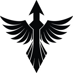 Black vector silhouette of a majestic eagle with soaring wings and angel feathers forming a powerful tribal tattoo design © Brojendro