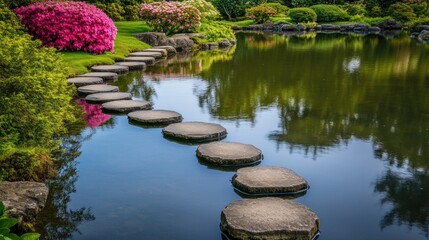Serene stone path through a tranquil pond