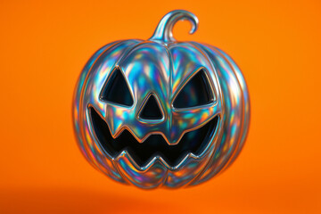Holographic Chrome Jack o' Lantern on Orange Backdrop, Halloween Y2K Hyperpop Concept