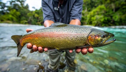 Obraz premium Fisherman holding a fresh fish by the lake