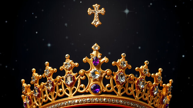 Ornate golden crown adorned with jewels radiating elegance against a dark starry sky