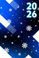 A festive, abstract greeting card for 2026, featuring glowing numbers and falling snowflakes on a blue gradient background with modern geometric shapes.