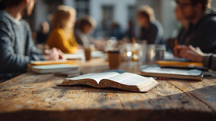 A group of friends actively discusses their thoughts and insights while surrounded by open Bibles and notebooks on a wooden table during a study session