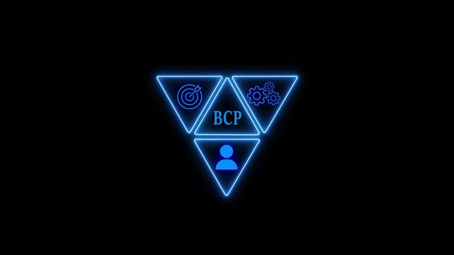 A glowing neon sign with the letters bcp in the center, surrounded by three triangles with icons representing target, gear, and person, creating a futuristic and technological atmosphere