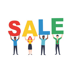 Four diverse people holding up large, colorful letters that spell out "SALE" against a white background.