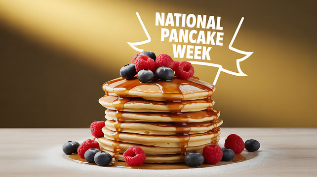 Stack of pancakes topped with berries and syrup for National Pancake Week
