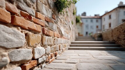 Ancient Stone Wall with Brick Accents in Sunlight Piran Slovenia