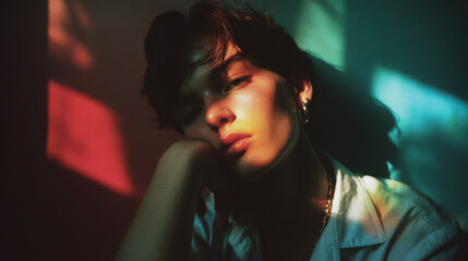 Retro flash portrait of fashionable young woman in a disposable film camera style photography