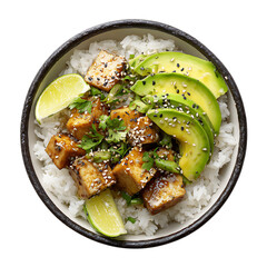Delicious tofu bowl with avocado and lime isolated on transparent background
